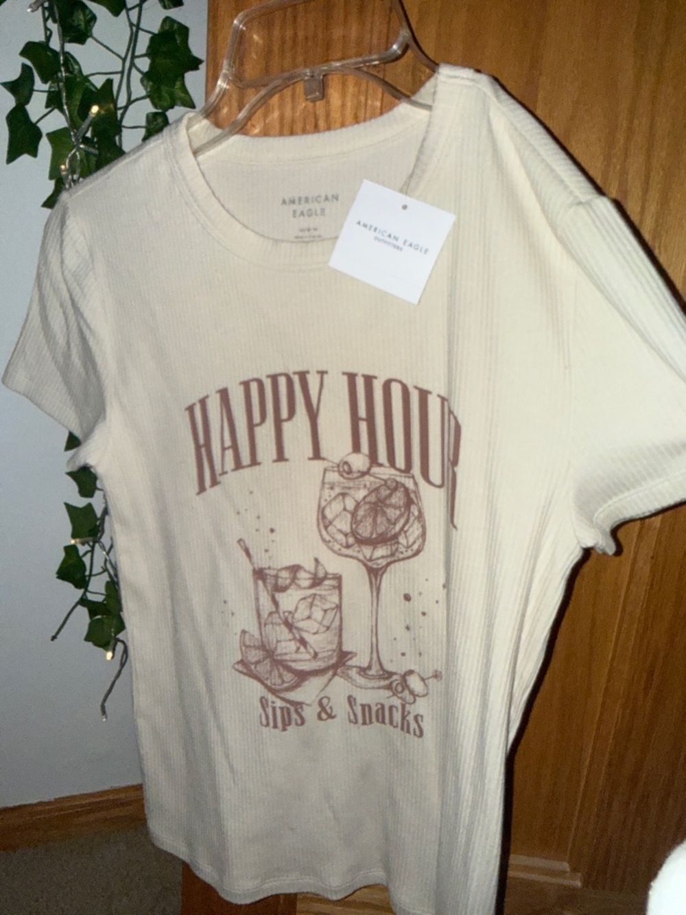 American Eagle Outfitters Cream Ribbed 'Happy Hour' Graphic Tee with Brown Print